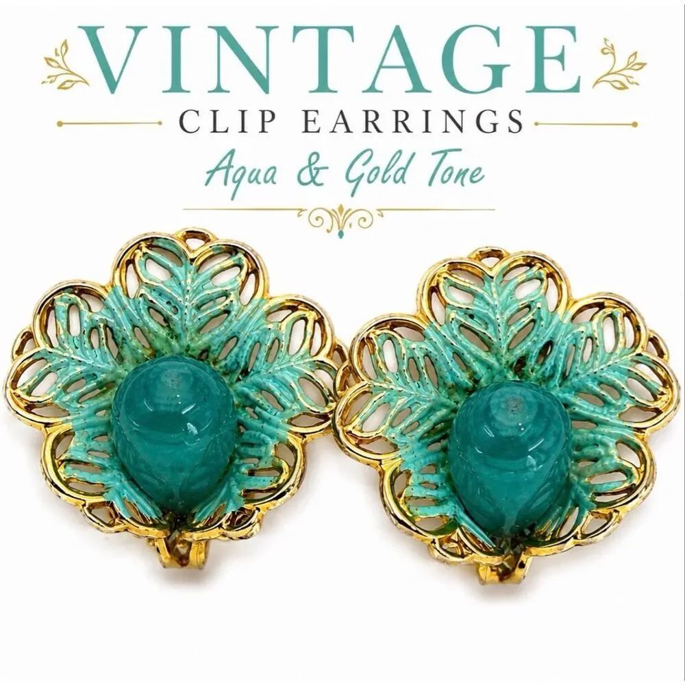 Vintage Aqua Enamel Filigree Flower Clip Earrings Gold Tone